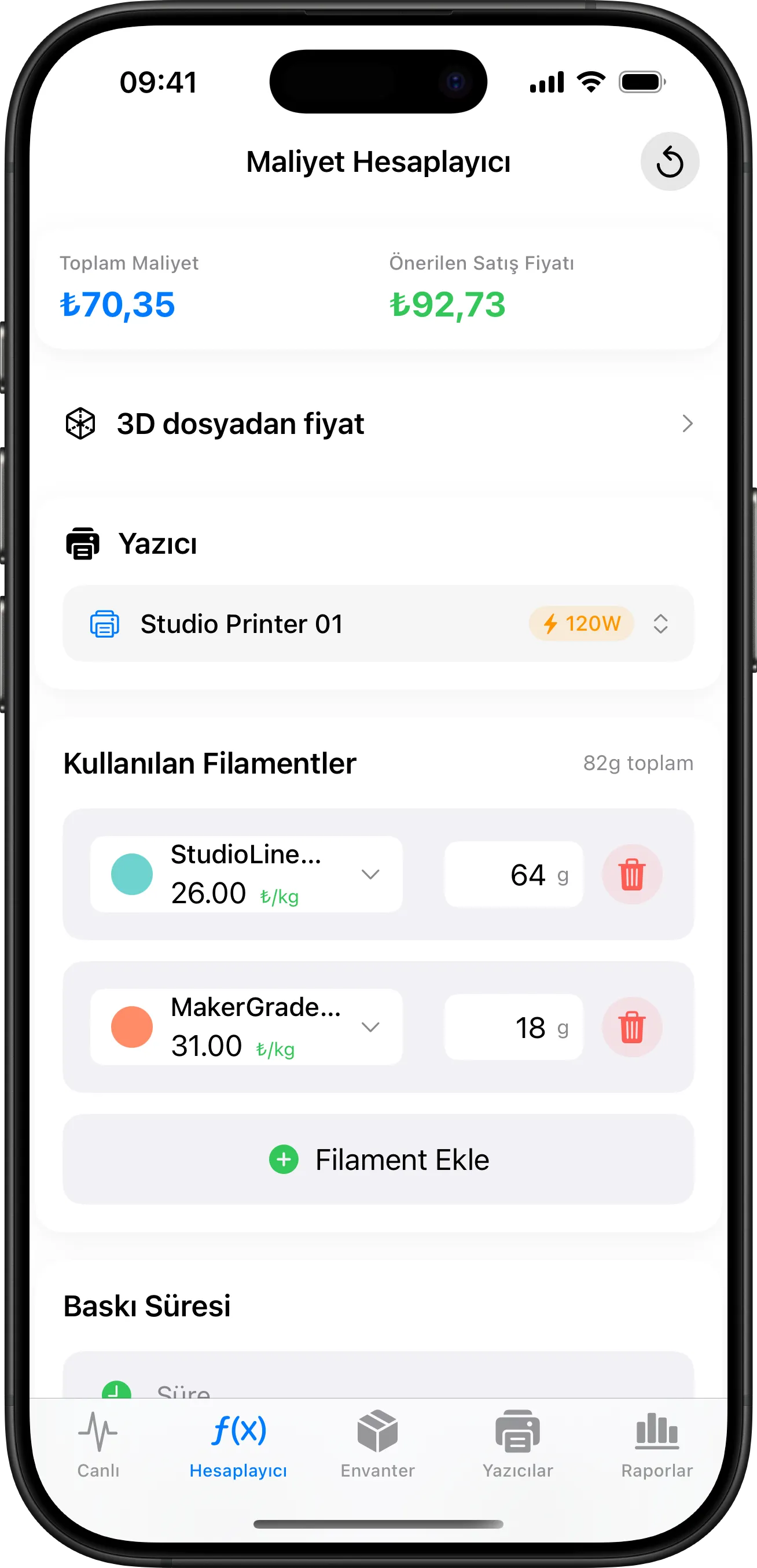 LayerCost uygulaması — calculator